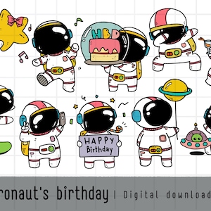 Imágenes prediseñadas de cumpleaños de astronauta, imágenes prediseñadas del espacio exterior, planeta, OVNI, nave espacial, cohete, descarga PNG, conjunto de imágenes prediseñadas digitales imprimibles, uso comercial