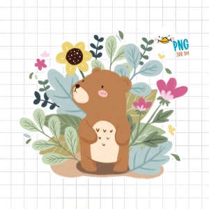 Niedlicher Bärenfrühling, niedliches wildes Tier, Blumenfrühling, Clipart, PNG-Datei, Sublimationsdesign, digitaler Download, Png-Download, kommerzielle Nutzung