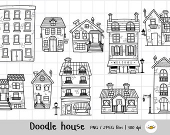 Op de afbeelding: Een set van tien zwart-witte doodle-illustraties van huizen. De huizen zijn getekend in een eenvoudige, cartoonachtige stijl en hebben verschillende architectonische details, zoals ramen, deuren, schoorstenen en daken.