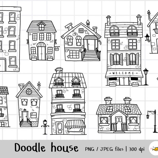 Cute Vintage Doodle House Clipart, hand drawn house, home sweet home clipart, outline doodle drawing, PNG Download, commercial use