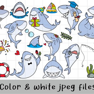Cute Shark Clipart, jaw clipart, Doodle Shark, Sea animal life, outline Doodle, PNG Download/ printable digital clipart set / commercial use image 2
