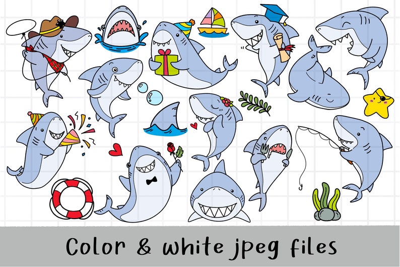 Cute Shark Clipart, jaw clipart, Doodle Shark, Sea animal life, outline Doodle, PNG Download/ printable digital clipart set / commercial use image 2
