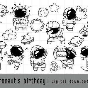Imágenes prediseñadas de cumpleaños de astronauta, imágenes prediseñadas del espacio exterior, planeta, OVNI, nave espacial, cohete, descarga PNG, conjunto de imágenes prediseñadas digitales imprimibles, uso comercial