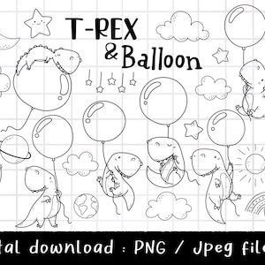 T-rex con imágenes prediseñadas de globo, dinosaurio lindo, imágenes prediseñadas de guardería, Doodle de contorno, descarga PNG, conjunto de imágenes prediseñadas digitales imprimibles, uso comercial