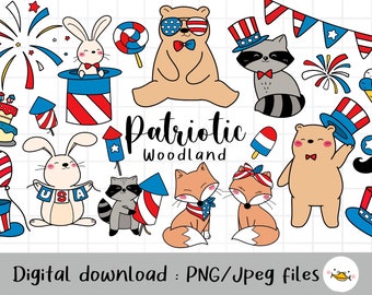 Patriotic woodland Clipart/4th of July clipart/USA Clipart/Independence Day Clipart/Fourth of July Clipart/ PNG Download/digital clipart set