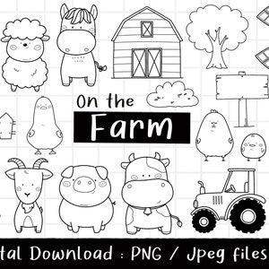 Farm Animals Clipart, Cute Farm animal, Farmland, Farm life, contour Doodle, Noir et Blanc, PNG Télécharger, ensemble de cliparts numériques imprimables