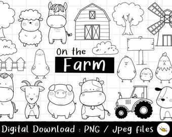 Farm Animals Clipart, Cute Farm animal, Farmland, Farm life, outline Doodle, Black and White, PNG Download, printable digital clipart set