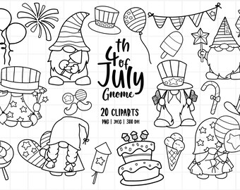 Clipart Gnomi del 4 luglio, Clipart Divertente USA, Clipart Gnome del Giorno dell'Indipendenza, Clipart del 4 luglio, Download PNG, set di clipart digitali