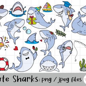 Cute Shark Clipart, jaw clipart, Doodle Shark, Sea animal life, outline Doodle, PNG Download/ printable digital clipart set / commercial use