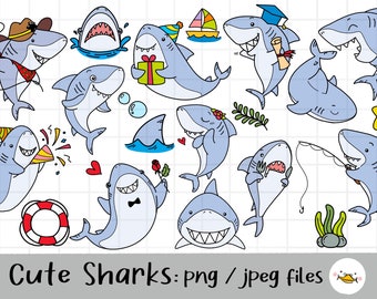 Cute Shark Clipart, jaw clipart, Doodle Shark, Sea animal life, outline Doodle, PNG Download/ printable digital clipart set / commercial use