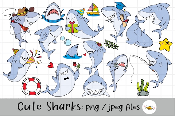 Cute Shark Clipart, jaw clipart, Doodle Shark, Sea animal life, outline Doodle, PNG Download/ printable digital clipart set / commercial use