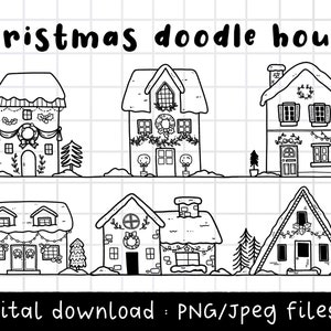 Christmas Doodle House Clipart, Snowy house PNG, winter house clipart, outline doodle drawing, PNG Download, commercial use