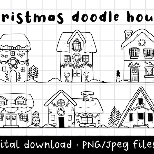 Christmas Doodle House Clipart, Snowy house PNG, winter house clipart, outline doodle drawing, PNG Download, commercial use