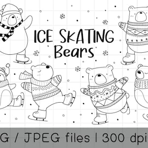Clipart orso pattinaggio su ghiaccio, orso in maglione PNG, inverno è clipart, clipart bosco, contorno Doodle, download PNG, clipart digitale stampabile