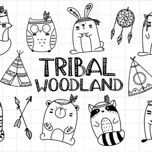 Clipart de animais tribais da floresta, animal da floresta Boho, animal fofo selvagem, esboço Doodle, download PNG, conjunto de clipart digital, uso comercial