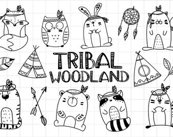 Tribal Woodland Animals Clipart,Boho Forest Animal, Wild Cute animal, outline Doodle, PNG Download, digital clipart set, commercial use
