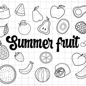 Fruits d’été Cliparts, contour fruit clipart, clipart d’été, ensemble de fruits tropicaux, PNG Télécharger, ensemble de cliparts numériques imprimables, utilisation commerciale