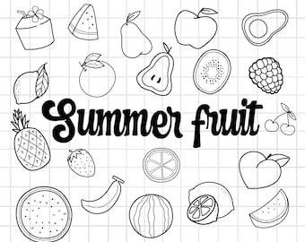 Summer fruit Cliparts, outline fruit clipart ,summer clipart,tropical fruit set, PNG Download, printable digital clipart set, commercial use