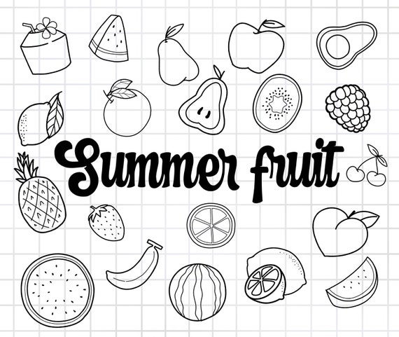 Summer Fruit Cliparts, Outline Fruit Clipart ,summer Clipart,tropical Fruit  Set, PNG Download, Printable Digital Clipart Set, Commercial Use 