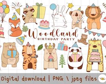 Woodland Birthday Party Clipart, Forest Animal, Wild Cute animal, outline Doodle, PNG Download, printable digital clipart set,commercial use