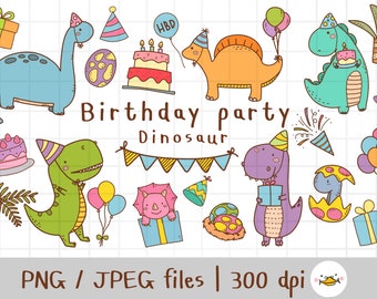 Birthday Party Dinosaur clipart ,Cute Dinosaur Clip Art , Doodle drawing, Clipart set, Digital Download, commercial use