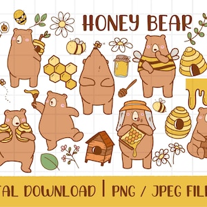 Bear Honey Clipart, bee Honey outline Doodle, Bear Doodle, Honey handdrawn, PNG Download, printable digital clipart set, commercial use