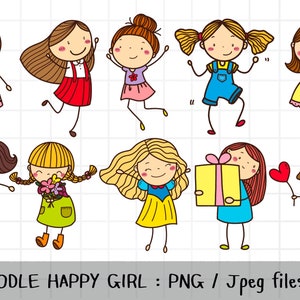 Happy Girl Clipart, Doodle Girl, schattig meisje, vriend clipart, overzicht Doodle, PNG downloaden, afdrukbare digitale clipart set, commercieel gebruik