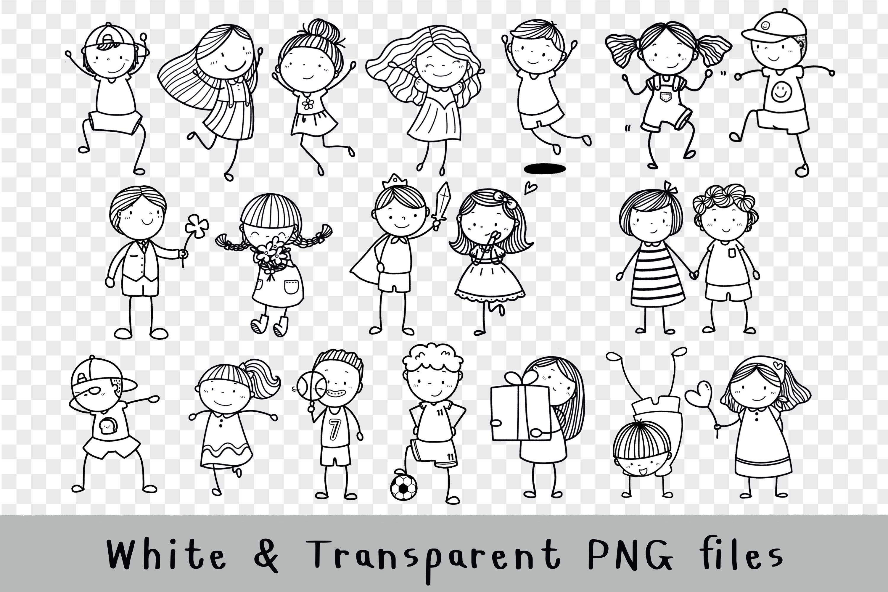 Doodle jongen en meisje clipart, stok figuur clipart, vriend clipart,  overzicht doodle, png-download, afdrukbare digitale clipart set,  commercieel gebruik - Etsy België, image size:3000x2000