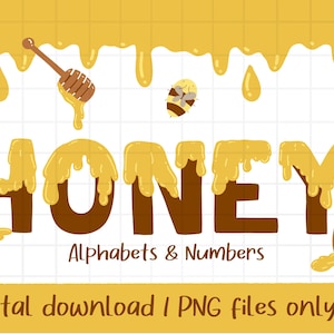 Honey Alphabets Clipart, Honey numbers PNG, Dripping Honey, handdrawn alphabet, PNG Download, printable digital clipart set, commercial use