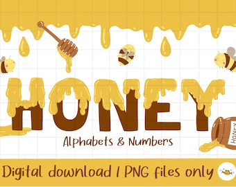 Honey Alphabets Clipart, Honey numbers PNG, Dripping Honey, handdrawn alphabet, PNG Download, printable digital clipart set, commercial use