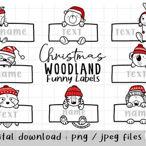 Etiqueta de bosque de Navidad, etiqueta de nombre de animal de invierno, etiqueta de aula, etiqueta de nombre de estudiante, suministros para maestros, contorno Doodle, descarga PNG
