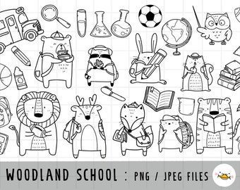 Woodland Animals Back to school Clipart, Woodland school clipart, Doodle clipart,PNG Download, printable digital clipart set, commercial use