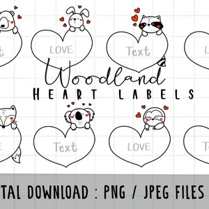 Woodland Heart Label, love animal name tag, classroom label, Student name tag, Teacher Supplies , outline Doodle, PNG Download