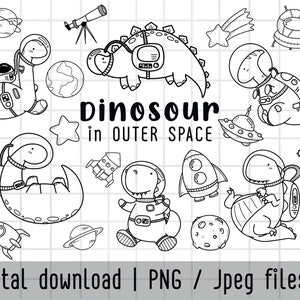 Dinosaure dans l’espace clipart , Cute Dinosaur Clip Art , Doodle dessin, Lineart , handrawn, Clipart set, Digital Download, utilisation commerciale