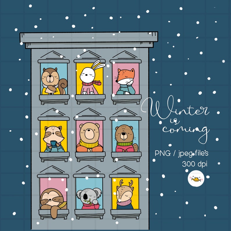 Animals at the Apartment Window Clipart, Falling Snow, Woodland Animal ...