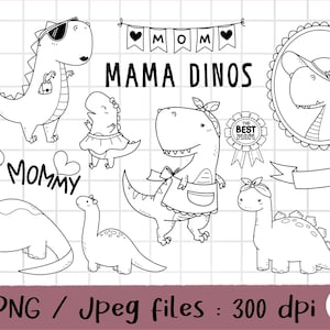 Mommy Dinos Clipart, DINOSAURI, ClipArt di dinosauri carini, disegno Doodle, lineart, disegnato a mano, set di clipart, download digitale, uso commerciale