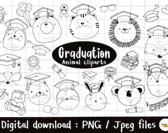 Graduate Woodland Animals Clipart, Graduation clipart, Animals head, outline Doodle, PNG Download, printable digital clipart set