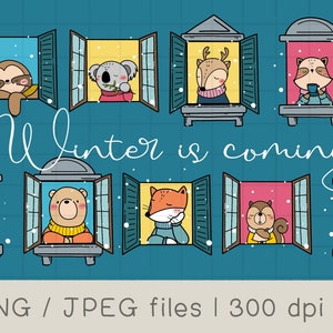 Animals at the Window Clipart, Out snow window, Falling Snow, Woodland animal, Hand Drawn Doodle, PNG Download, printable digital clipart