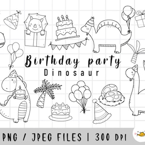 Clipart dinosaure fête d'anniversaire, clipart dinosaure mignon, dessin Doodle, lineart, dessiné à la main, ensemble de cliparts, téléchargement numérique, usage commercial