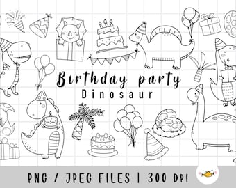 Birthday Party Dinosaur clipart ,Cute Dinosaur Clip Art , Doodle drawing, lineart , handrawn, Clipart set, Digital Download, commercial use