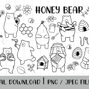 Bear Honey Clipart, bee Honey outline Doodle, Bear Doodle, Honey handdrawn, PNG Download, printable digital clipart set, commercial use