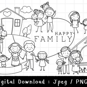 Happy Doodle Family Clipart,Stick Figure Clipart, Mom Dad Son Daughter clipart, Outline Doodle, PNG Download, set di clipart digitali stampabili