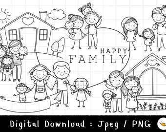 Happy Doodle Family Clipart,Stick Figure Clipart, Mom Dad Son Daughter clipart, Outline Doodle, PNG Download, printable digital clipart set