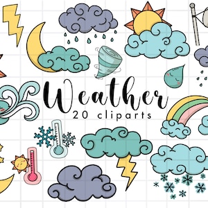 Cute weather clipart, Cloud Sun and Moon Clipart,  Sunny, Cloudy, Rainy, Snowy , PNG Download, digital clipart set
