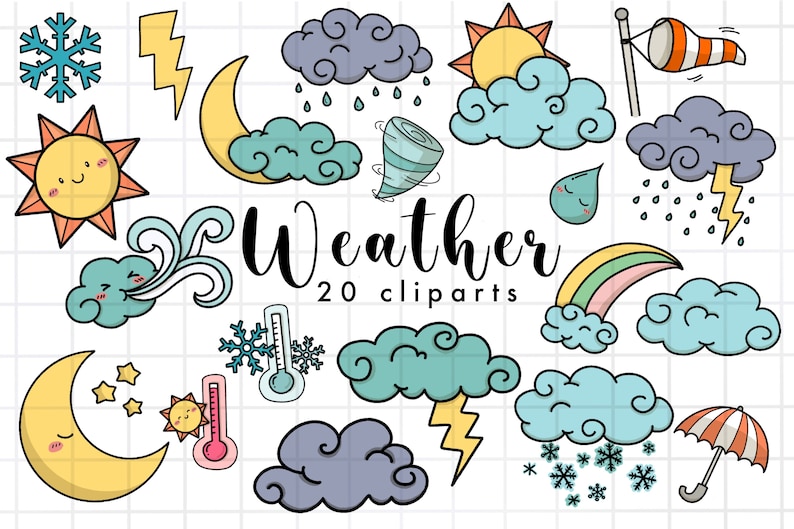 Cute Weather Clipart, Cloud Sun and Moon Clipart, Sunny, Cloudy, Rainy ...