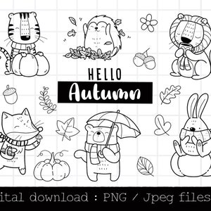 Puede incluir: Ilustraciones en blanco y negro de línea de varios animales con bufandas y sosteniendo calabazas. El texto "Hello Autumn" aparece en el centro de la imagen.