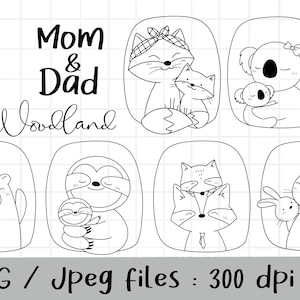 Clipart di animali del bosco di mamma e papà, animali della famiglia, contorni Doodle, download PNG, set di clipart digitali stampabili, uso commerciale