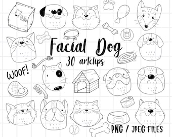 Clipart cane facciale, animale carino, animale domestico carino, contorno Doodle, cane bianco e nero, download PNG / set di clipart digitali stampabili / uso commerciale