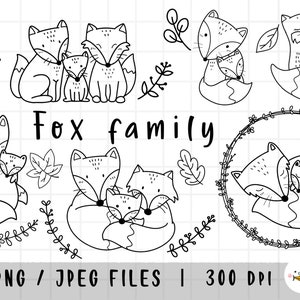 Clipart famille de renard, renard mignon, papa et maman, animal de la forêt, contour Doodle, téléchargement PNG / ensemble de clipart numérique imprimable / usage commercial
