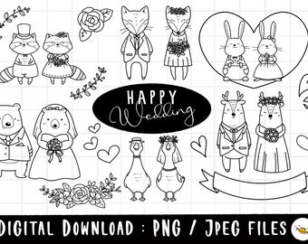 Imágenes prediseñadas de animales de boda, imágenes prediseñadas de animales de bosque de pareja, puente de mezcla y combinación y PNG de novio, conjunto de imágenes prediseñadas digitales imprimibles, uso comercial